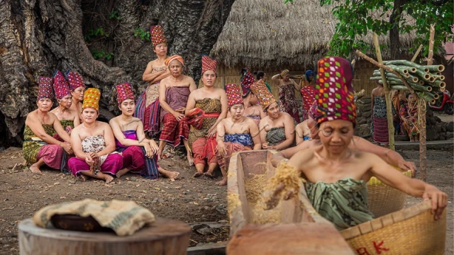 Tumbuk padi dalam rangkaian acara Maulid Nabi adat Bayan