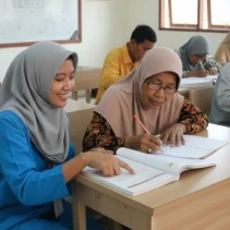 Ilustrasi pengajar sedang mengajari orang tua baca tulis. (Doc. Gemini AI)