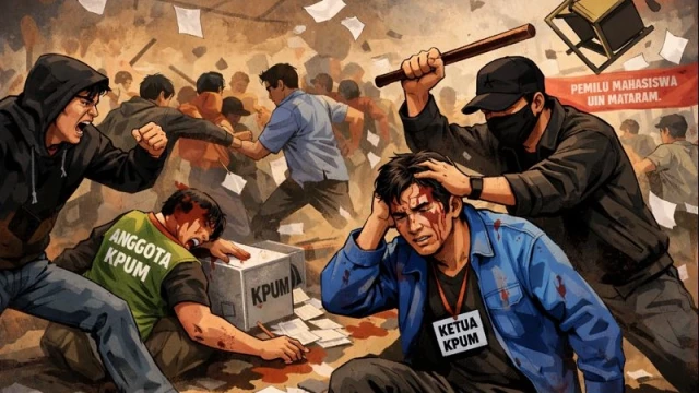 Ilustrasi: Ricuh Pemilu Kampus, Ketua dan Anggota KPUM UIN Mataram Jadi Korban Kekerasan (Dok. Ist / ChatGPT.AI)